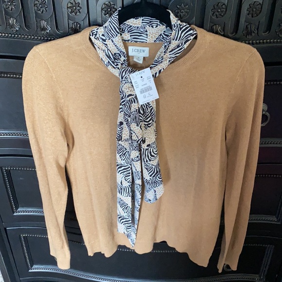 J CREW Brown Pullover Sweater with Zebra Print Scarf Attached Top Size S - Picture 6 of 7